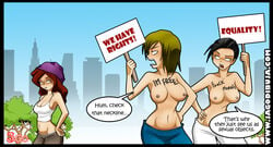 3girls areolae beanie belly_button black_hair breasts brown_hair brunette city cityscape comic dialogue english english_text exhibitionism female female_focus female_only feminism feminist feminista funny glasses human human_only hypocrite jago_dibuja light-skinned_female light_skin living_with_hipstergirl_and_gamergirl medium_breasts midriff multiple_females nipples no_bra not_furry pants political politics protest protester protesting public public_nudity short_hair sophie_(living_with_hipstergirl_and_gamergirl) speech_bubble tank_top topless tree