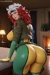 1girl ai_generated ass bodysuit bracelet breasts from_behind gloves green_eyes headband hi_res high_quality high_resolution hip_focus indoors jacket jewelry large_breasts lips looking_at_viewer looking_back marvel multicolored_hair parted_lips patreon red_hair rogue_(x-men) seductive sexy skin_tight smile solo spicytoonai standing thick_thighs thighs uncensored watermark