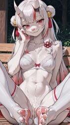 1girl ai_generated bangs bell bench blush bottomless bra breasts closed_mouth collarbone cum cum_on_body cum_on_feet cum_on_stomach decurse double_bun fang feet furry furry_female gradient_hair hair_bell hair_bun hair_ornament hand_on_own_face hololive horns jingle_bell long_hair looking_at_viewer medium_breasts multicolored_hair nakiri_ayame navel oni oni_horns outdoors red_eyes red_hair sitting skin-covered_horns smile solo spread_legs stomach streaked_hair tassel thighhighs toes underwear virtual_youtuber white_bra white_hair white_thighhighs