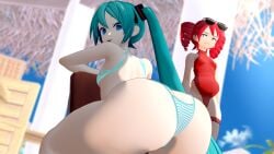 2female 2girls 2women 3d 3d_(artwork) ass ass_cleavage ass_crack ass_focus beach big_ass big_butt bikini blue_bikini blue_eyes blue_hair butt butt_focus gbakk girls_only hair_ornament hatsune_miku kasane_teto large_ass large_butt leg_strap looking_at_another looking_at_viewer looking_back miku_hatsune red_hair red_swimsuit sitting sitting_backwards sitting_on_chair striped_bikini sunglasses teto twintails up_close vocaloid worried_expression worried_face worried_look
