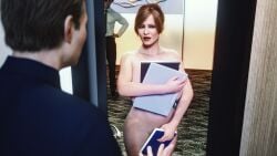 3d blue_eyes christina_hendricks covering daz3d embarrassed embarrassed_nude_female mad_men misfittedarfist nude red_hair