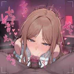 :>= bang_dream!_it's_mygo!!!!! blue_eyes brown_hair cum_in_mouth curtained_hair dark-skinned_male large_penis lipstick_on_penis nagasaki_soyo prostitution tongue_out_blowjob vacuum_fellatio