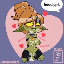 after_sex big_breasts breasts collar cum cum_in_pussy female femsub gauntlets goblin goblin_female green_skin long_ears nipples rancidstark sharp_teeth slim_waist small_waist smile spiral_eyes teeth text thick_thighs thighs wide_hips yellow_eyes