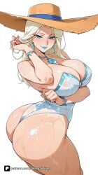 1girl ai_generated artist_name ass bare_shoulders blonde_hair blue_eyes blue_lips blush bracelet breasts cleavage closed_mouth earrings emma_frost emma_frost_(marvel_rivals) hat highleg jewelry large_breasts lipstick long_hair looking_at_viewer makeup marvel marvel_comics marvel_rivals mole necklace o-ring one-piece_swimsuit patreon questionable seductive_smile see-through senpai_pixels sensitive shiny shiny_skin simple_background smile solo strapless_swimsuit straw_hat sun_hat swimsuit thick_thighs thighs twisted_torso wet white_background white_queen x-men