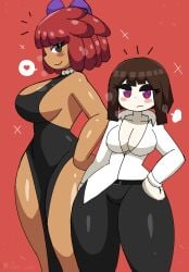 2girls belt black_belt black_dress black_eyes black_pants blue_bow blue_eyes blush blush_stickers bow breasts breath brown_hair cleavage collarbone colored_skin doll dress glitch_productions hair_bow hand_on_own_hip heart jewelry large_breasts long_sleeves looking_at_viewer medium_breasts multicolored_eyes multiple_girls necklace pants pearl_necklace pomni_(the_amazing_digital_circus) puff_of_air ragatha_(the_amazing_digital_circus) ragdoll red_eyes red_hair shirt short_hair side_slit sleeveless sleeveless_dress smile sparkle speech_bubble spoken_heart standing the_amazing_digital_circus thick_thighs thighs tony_welt two-tone_eyes white_shirt white_skin wide_hips
