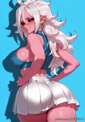 1girl 2026 ai_generated alternate_costume android_21 anime ass back bare_shoulders black_sclera blue_background boobs breasts buttocks cleavage colored_sclera colored_skin covered_nipples crop_top crossover dragon_ball dragon_ball_super dragon_ball_z earrings eye_contact female female_focus from_behind hands_on_hips highres hoop_earrings huge_breasts jewelry large_breasts lips long_hair looking_at_viewer looking_back nsfw parted_lips patreon pink_skin pleated_skirt pointy_ears red_eyes rognezart shiny shiny_hair shiny_skin sideboob skirt sleeveless smile smiling solo thick_thighs thighs very_long_hair white_hair white_skirt