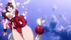 1girls ass breasts brown_eyes brown_hair character_request child_bearing_hips fatal_fury hips holding_object large_breasts mai_shiranui screencap wide_hips