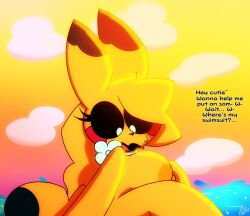 2026 anthro anthrofied aurora_(crystalstic) big_breasts black_sclera bodily_fluids breasts collar collar_only crystalstic dialogue digital_media_(artwork) english_text eyelashes eyeshadow female generation_1_pokemon light looking_at_viewer makeup nintendo nipples nude nude_anthro nude_female open_mouth orange_nipples pikachu pokemon pokemon_(species) pokemorph pseudo_hair red_eyeshadow side_boob side_view sitting smile solo sunlight sweat tail text thick_thighs water white_eyes wide_hips yellow_body