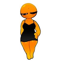 :3 arm_behind_back bald bald_female bastixtroller123 big_thighs black_dress confident confident_female confident_smile eyelashes female female_only hairless half-closed_eyes hand_on_hip no_shoes round_head shiny_skin simple_background tagme thick_thighs white_background yellow_body yellow_skin