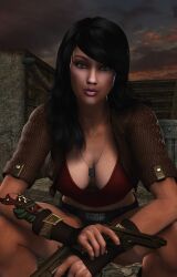 1girls 3d big_breasts black_hair breasts cleavage downblouse female furbs3d gun rubi_malone solo wet_(game)