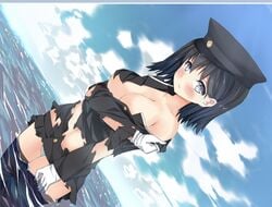 akitsu_maru_(kantai_collection) black_hair bonkiru breasts dutch_angle female gloves hat kantai_collection panties peaked_cap solo torn_clothing water white_eyes