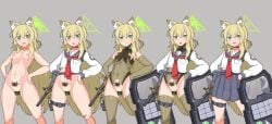 1girl :o ainagi alternate_halo animal_ear_fluff animal_ears ass_visible_through_thighs bandaid bandaid_on_knee bandaid_on_leg bar_censor blonde_hair blue_archive blue_sailor_collar blue_skirt blush breasts brown_gloves brown_leotard censored choker closed_mouth collarbone corruption covered_navel elbow_gloves fox_ears fox_girl fox_tail gloves green_eyes green_gloves green_halo grey_background grey_sailor_collar grey_skirt grin gun h&k_ump hair_between_eyes halo hands_on_own_hips highleg highleg_leotard holster holstered kaiser_pmc_(blue_archive) kurumi_(blue_archive) leg_tattoo leotard long_hair long_sleeves looking_at_viewer maebari magazine_(weapon) multiple_views navel neckerchief necktie nipples nude octopus_tattoo open_mouth pasties pleated_skirt pubic_tattoo pussy red_neckerchief red_necktie sailor_collar sailor_shirt school_uniform serafuku shield shirt shotgun sidelocks simple_background skirt small_breasts smile standing submachine_gun surprised tail tattoo thigh_holster thigh_strap thighhighs triangle_halo variant_set variations very_long_hair weapon white_shirt
