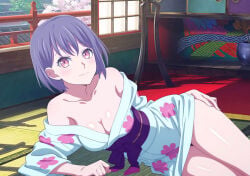 1girls bare_shoulders blushing cleavage collarbone hand_on_hip kimono laying_down looking_at_viewer medium_breasts short_hair smiling takamatsu_tomori violet_hair