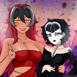 2girls couple dress goth goth_makeup implied_kiss kurodahlia18 large_breasts lipstick long_hair party ring safe short_hair size_difference small_breasts tan tan_body tanline tattoo yuri