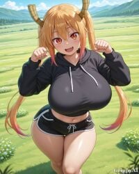 1girl 2d ai_generated anime_style black_hoodie black_shorts breasts_bigger_than_head cleavage curvy detailed_eyes dragon_horns dragon_maid energetic_pose field fists_up grippyai high_quality horns huge_breasts long_hair looking_at_viewer miss_kobayashi's_dragon_maid mountains open_mouth orange_hair outdoors pink_tips red_eyes shiny_skin smile solo standing thick_thighs tohru tohru_(dragon_maid) twin_tails