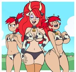 2025 3girls alternate_costume alternate_version_available annoyed annoyed_expression big_breasts bimbo black_eyes bottomwear breasts cleavage closed_eyes clothing collar cow_ears cow_horns cow_print cow_print_armwear cow_print_bikini cow_print_gloves cowbell ear_piercing earrings eyelashes eyeshadow fake_animal_ears female female_only foster's_home_for_imaginary_friends frankie_foster hair hand_on_hip hips hoop_earrings huge_breasts imaginary_frankie legwear lips lipstick mature mature_female neckwear pills-in-a-little-cup ponytail red_hair red_lips red_lipstick small_breasts smile thighhighs thighs tied_hair topwear