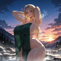 1girl adjusting_hair ai_assisted ai_generated armpits arms_behind_head arms_up artist_name blonde_hair breasts cloud curvaceous curvy curvy_female curvy_figure dusk female forehead_mark heart huge_breasts lake large_breasts long_hair looking_at_viewer miyuai mountain mountainous_horizon naruto_(series) night night_sky nude_cover onsen orange_eyes outdoors parted_lips rock shooting_star sky smile solo star_(sky) starry_sky steam sunset thick thick_ass thick_butt thick_hips thick_legs thick_thighs towel tsunade_(naruto) voluptuous voluptuous_female wading water wet wide_hips wide_thighs