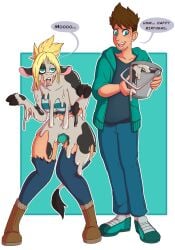 big_breasts blonde_hair blue_eyes brown_hair cow_girl cow_print dialogue femsub goop goopy hucow original paint speech_bubble text transformation transparent_background wide_hips wrenzephyr2