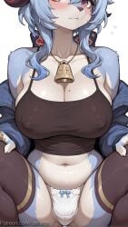 1girl ai_generated bell black_thighhighs blue_hair blush bow breasts camisole cleavage collarbone covered_nipples cowbell decurse furry furry_female ganyu_(genshin_impact) genshin_impact goat_horns horns jacket large_breasts long_hair looking_at_viewer mole mole_on_breast navel panties purple_eyes simple_background solo squatting thighhighs underwear white_background white_panties