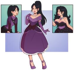 before_and_after big_breasts bimbo bimbo_body bimbo_lips bimbofication black_hair breast_expansion breasts brown_eyes cleavage dress female_only high_heels huge_breasts kate_bishop large_breasts lip_expansion marvel marvel_comics necklace ponytail smile solo stepfordization wrenzephyr2