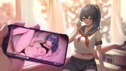 1boy 1girl black_sailor_collar black_skirt blue_hair blush boy_on_top breasts cellphone censored classroom collarbone curtains desk double_v furrowed_brow hair_between_eyes hetero highres holding holding_phone indoors juxtaposition large_breasts looking_at_viewer medium_hair midriff_peek missionary mosaic_censoring navel neckerchief netorare nipples on_bed open_mouth original phone pleated_skirt ponytail pov pov_hands purple_eyes red_neckerchief sailor_collar school_desk school_uniform sex shirt short_sleeves sitting skirt smartphone spread_legs standing stomach ushikani_kassen v vaginal voice_drama_available white_shirt