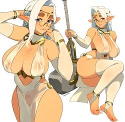 1girls barefoot big_breasts breasts cleavage cosplay elf_ears feet female hammer inner_sideboob june_(squeezable) sideboob solo solo_female squeezable tagme