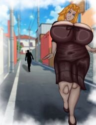 1boy 1girls big_breasts brown_dress chubby chubby_female city comic dress dynamik808 mysterious rangiku_matsumoto sneaking street walking