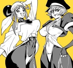 2girls ass bandana bb_(baalbuddy) bodysuit breasts covered_navel fang fangs fingerless_gloves gloves greyscale_with_colored_background hair_ornament hat highres holding holding_whip impossible_clothes japanese_clothes lime_(saber_j) long_hair military_hat multiple_girls navel revealing_clothes saber_marionette_j short_hair simple_background smile thong tiger_(saber_j) turtleneck turtleneck_bodysuit waving whip wide_hips yellow_background