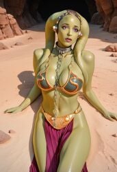 1girls ai_generated big_breasts civitai collar green_skin head_tails huge_breasts slave_leia_(cosplay) solo star_wars tentacle_hair twi'lek twilek