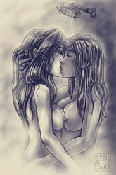 2girls artist_name asami_sato avatar_legends black_hair breasts canon_couple closed_eyes dark-skinned_female dark_skin duo female female_only human k-y-h-u kissing korra long_hair medium_breasts monochrome multiple_females multiple_girls nipples nude shower symmetrical_docking the_avatar the_legend_of_korra water water_tribe wet yuri