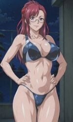 crossover discipline:record_of_a_crusade glasses kazami_mizuho long_hair onegai_teacher outdoors outside pink_hair pool poolside school_pool swimsuit teacher thong thong_bikini