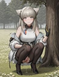 ai_generated arknights:_endfield belt black_stockings blue_eyes blush blushing blushing_at_viewer cat_ears crouching dress ears female flowers fluffy_ears gloves grass heels jacket jacket_open long_hair looking_at_viewer outdoors perlica_(arknights:_endfield) pissing pussy ripped_stockings sleeveless_dress stockings tree trees vagina white_dress white_jacket