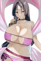 1girls armwear big_breasts bikini bikini_bottom bikini_top bottomwear breast_focus breasts cleavage eyepatch_bikini fate/grand_order fate_(series) female female_only hair huge_breasts large_breasts long_hair mature mature_female mature_woman milf minamoto_no_raikou_(fate/grand_order) minamoto_no_raikou_(swimsuit_lancer) misato_pic neckwear purple_bikini purple_eyes purple_hair smile solo solo_female swimwear topwear