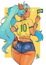 ass back_view blue_hair brazilian brazilian_miku flag hatsune_miku jean_shorts latina presenting_hindquarters thick_thighs twintails vocaloid