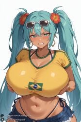 1female 1girl 1girls 2026 ai_generated aqua_eyes aqua_hair artist_name bangs big_ass big_breasts bikini bikini_under_clothes blush bracelet brazilian_miku breasts cleavage clenched_teeth collarbone crop_top curvy dark-skinned_female dark_skin denim denim_shorts earrings eyewear_on_head flower hair_flower hair_ornament hatsune_miku hi_res hibiscus high_quality high_resolution highleg highres hoop_earrings huge_ass huge_breasts jewelry long_hair looking_at_viewer midriff navel necklace patreon patreon_username shirt shorts side-tie_bikini_bottom simple_background solo sunglasses swimsuit tan tanlines teeth twintails unjobdespiert very_long_hair vocaloid watermark white_background