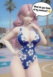 3on3freestyle ai ai_generated asking_a_question big_boobs big_breasts blair_(3on3freestyle) blue_eyes chat_bubble cleavage earrings female female_only pink_hair posing posing_for_the_viewer round_breasts swimsuit swimwear