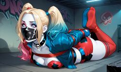 1girls ai_generated asphyxiation batman_(series) blonde_hair blue_eyes blue_highlights bondage dc_comics gag gagged harley_quinn hogtied laying_on_stomach over_the_nose_gag pink_highlights tape_gag thighhighs