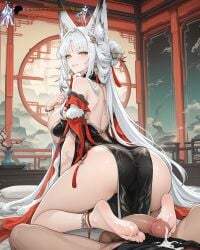 1boy 1boy1girl 1girls adult adult_female aged_up ai_generated animal_ear_fluff animal_ears animal_tail ass balls bare_shoulders bed big_breasts big_penis blush boobs breasts china_dress chinese_clothes cum_on_feet cum_on_foot cumshot_on_feet earrings feet feet_fetish female female_dominating_male female_masturbing_male first_person_view foot_fetish footjob fox_ears fox_girl fox_tail girl grey_hair hair_ornament indoor indoors japanese_clothes jewelry light-skinned_female light_skin long_hair machine_muse nipples on_bed patreon_username penis perfect_body pov sex smile tacet_mark_(wuthering_waves) tail uncensored very_long_hair watermark white_hair wuthering_waves yellow_eyes