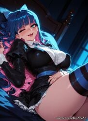 1girl 2026 ai_generated anime ass bangs bed black_dress blue_eyes blue_hair blue_nails blunt_bangs blush boobs bow breasts buttocks cleavage colored_inner_hair crossover dress eye_contact female female_focus flushed hair_bow highres huge_breasts large_breasts long_hair long_sleeves looking_at_viewer lying moaning multicolored_hair nsfw on_back on_bed one_eye_closed open_mouth panty_&_stocking_with_garterbelt patreon patreon_username pink_hair rognezart smile smiling solo stocking_(psg) stocking_anarchy striped striped_thighhighs thick_thighs thighhighs thighs two-tone_hair very_long_hair