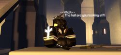 1girls 3d annoyed ass black black_jacket clothed dialogue fat_ass hair holding_ass implied_pov katana rifle roblox robloxian solo staring staring_at_viewer sword tagme_(artist)