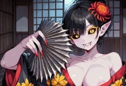 1girls ai_generated black_hair black_sclera breasts chrysanthemum clothed clothing eye_shadow fan fangs female flower flower_in_hair hair_bun horror horror_(theme) japanese_clothes japanese_clothing kimono makeup mascara monster_girl nipples original original_character paigen pale_skin pixel_art pointy_ears red_nails sharp_nails sharp_teeth slit_pupils undead vampire vampire_fangs vampire_girl white_skin yellow_eyes