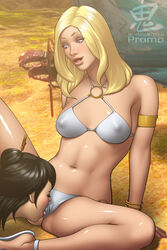 bikini black_hair blonde_hair bracelet clothed_sex cunnilingus guild_wars guild_wars_2 hair_pin human kasmeer_meade lesbian marjory_delaqua mesmer necromancer oni_(artist) oral sandals slim through_panties