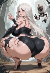 1girl a2_(nier:automata) ai_generated alternate_breast_size android ass ass_focus back bare_shoulders barefoot black_shorts black_tank_top blue_eyes blush breasts clothing curvy detached_sleeves dirty dirty_clothes dirty_face dirty_feet elbow_gloves feet female from_behind grey_hair hair_between_eyes hand_up huge_ass joints large_breasts long_hair looking_at_viewer looking_back mole mole_under_mouth nier non-humanoid_robot open_mouth outdoors post-apocalypse robot robot_joints sallylove science_fiction short_shorts shorts soles solo squatting sweat tank_top thick_thighs thighs tiptoes torn_clothes v white_hair wide_hips