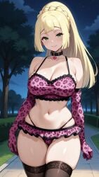 1girls aged_up ai_generated bangs bare_shoulders blonde blonde_female blonde_hair blonde_hair_female breasts busty camisole cleavage collar commentary_request curvaceous curvy curvy_female curvy_figure female female_focus frilled_skirt girly gloves green_eyes hair large_breasts leopard_print lia_the_busty_redhead lillie_(pokemon) long_gloves long_hair microskirt midriff navel night outdoors outside park pelvic_line pink_clothing pink_leopard_print pokemon pokemon_sm ponytail self_upload skirt spaghetti_strap standing straight_bangs straight_hair tagme thick_thighs thighhighs thighs thong wide_hips