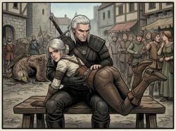 1boy 1girls ai_generated animated ass boots bubble_butt cd_projekt_red ciri female geralt_of_rivia light-skinned_female light-skinned_male male mascara no_panties public public_nudity punishment punishment_spanking scar shorter_than_10_seconds sound spanking tagme the_witcher_(series) the_witcher_3:_wild_hunt undressing video white_hair