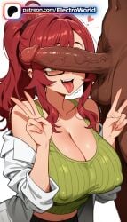 1boy 1girl 1girls 2026 ai_generated artist_name boobs breasts bust chest cleavage clothed_female_nude_male cock covered_nipples dark-skinned_male dark_skin dick double_v electroworld erection green_eyes hetero hi_res high_quality high_resolution highres huge_penis interracial kimi_no_koto_ga_dai_dai_dai_dai_daisuki_na_100-nin_no_kanojo large_penis male_pubic_hair off_shoulder patreon patreon_username penis penis_awe penis_on_face pubic_hair red_hair stable_diffusion testicles tits tongue tongue_out uncensored v veiny_penis w watermark yakuzen_kusuri yakuzen_kusuri_(older)