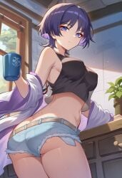 1girls 2026 ai_generated alternate_costume ass ass_focus big_ass big_butt big_thighs black_shirt blue_shorts blushing exposed_armpits exposed_ass exposed_legs exposed_midriff female female_focus female_only genderswap genshin_impact holding_object hoyoverse kitchen light-skinned_female looking_at_viewer looking_back low-angle_view lunealter mature_female medium_breasts mihoyo no_bra no_panties partially_clothed purple_eyes purple_hair scaramouche_(genshin_impact) sfw short_hair standing thick_ass thick_butt thick_hips thick_legs thick_thighs uncensored