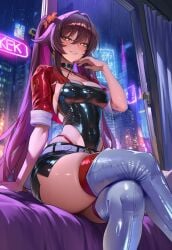 1girls ai_generated choker genshin_impact hand_up high_leg_leotard highleg_leotard highleg_panties highres hoyoverse hu_tao_(genshin_impact) indoors leotard liu_(artist) looking_at_viewer microskirt night ojou-sama_pose on_bed pencil_skirt race_queen seductive seductive_look seductive_smile shiny_clothes shrug_(clothing) sitting sitting_on_bed solo thighhighs