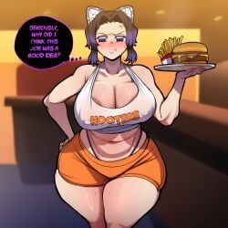1girl :t ai_generated alternate_breast_size anger_vein areola_slip black_hair black_panties blush brand_name_imitation breasts burger butterfly_hair_ornament chicken_(food) cleavage clothes_writing covered_nipples crop_top curvy demon_slayer employee_uniform english_text fast_food food french_fries gradient_hair hair_ornament hand_on_own_hip highleg highleg_panties holding holding_plate holding_tray huge_breasts indoors kimetsu_no_yaiba kochou_shinobu large_areolae large_breasts looking_at_viewer meme midriff multicolored_hair navel no_legwear novelai orange_shorts panties panty_straps plate plump pout purple_eyes purple_hair shinobu_kocho short_hair short_shorts shorts solo sweat tank_top thick_thighs thighs thought_bubble tray underwear uniform waitress white_tank_top wide_hips