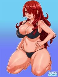 1girls atlus bikini female hair_over_one_eye hand_on_hip huge_breasts kneeling mitsuru_kirijo persona red_eyes red_hair sega thatguyusojin thick_thighs wide_hips